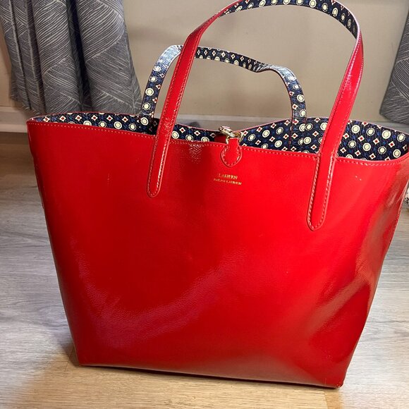 Lauren Ralph Lauren Reversible Red Faux Leather Navy Large Tote Bag - Picture 1 of 9